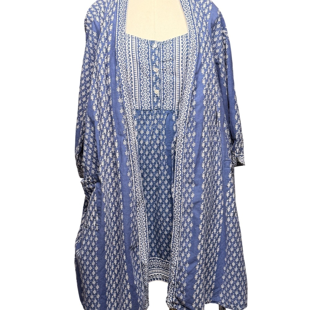 La Cera Nightgown Robe 2 Pc Set Womens XL Blue White 100% Cotton Cottage Lounge